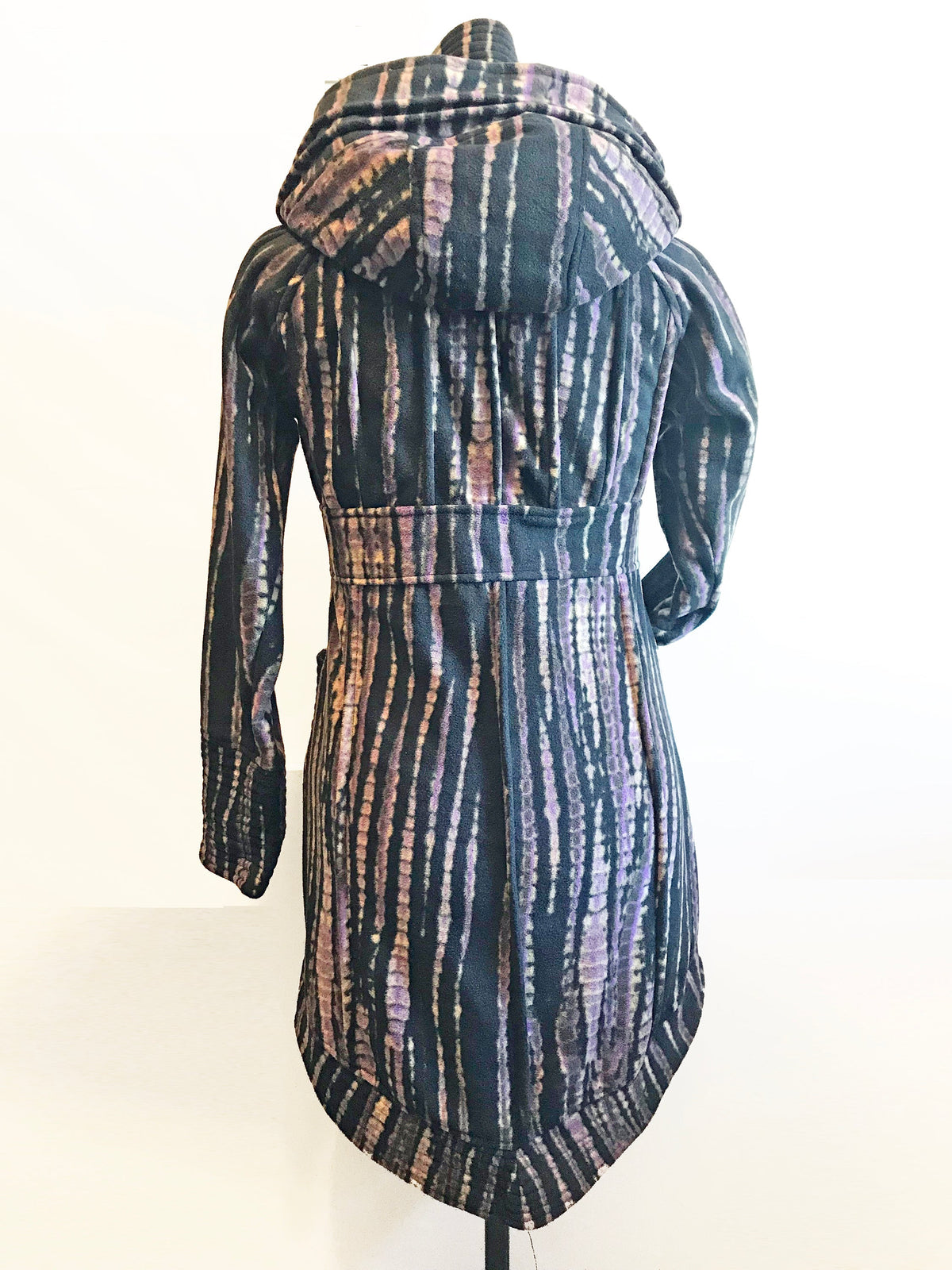 Fleece hooded sweater jacket, multi-color vertical stripes, back view with hood