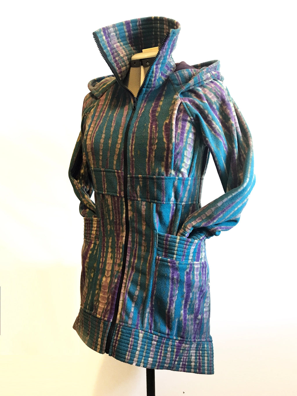 Fleece hooded sweater jacket, dark and teal striped pattern, hood and zip-up front