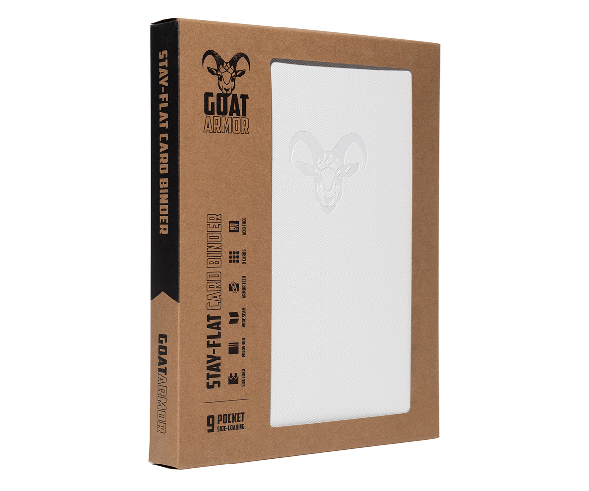 Card binder with white cover panel and black goat emblem, 9-pocket style