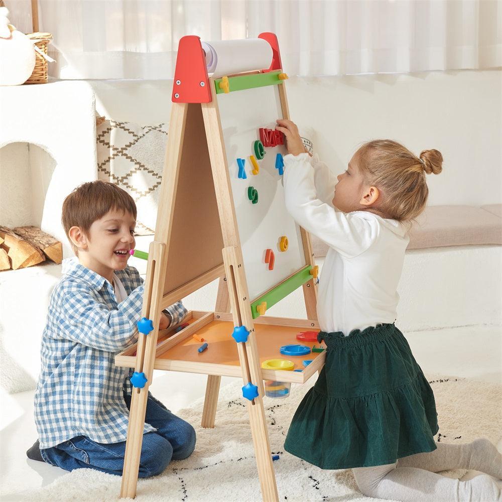 Wooden kids art easel with paper roll top, tray, and magnet-style pieces
