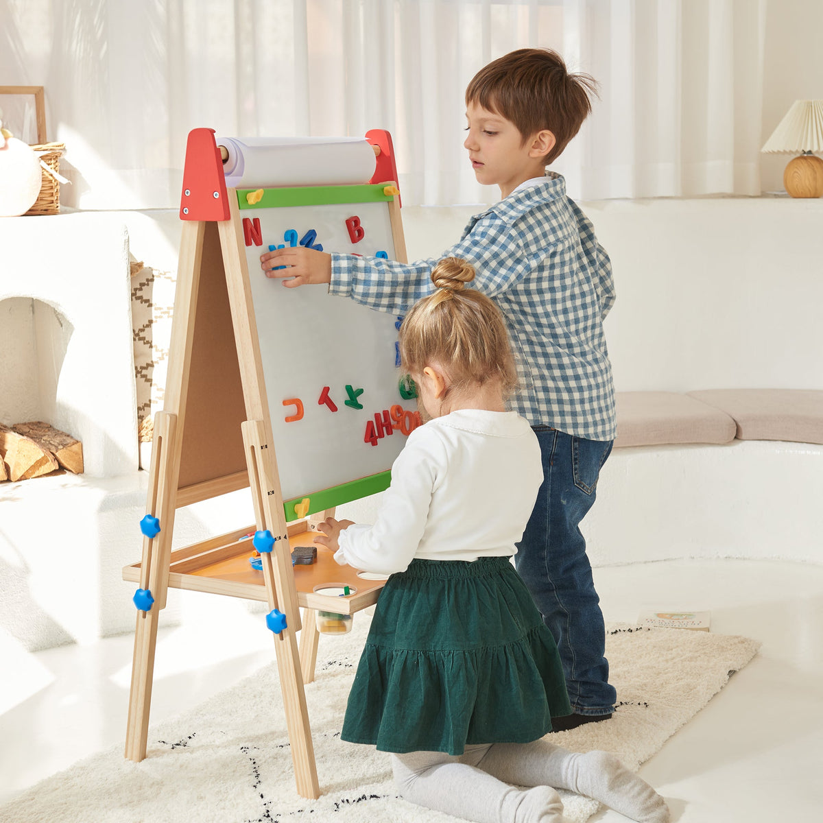 Kids art easel with green whiteboard and accessory tray, children drawing, wooden frame