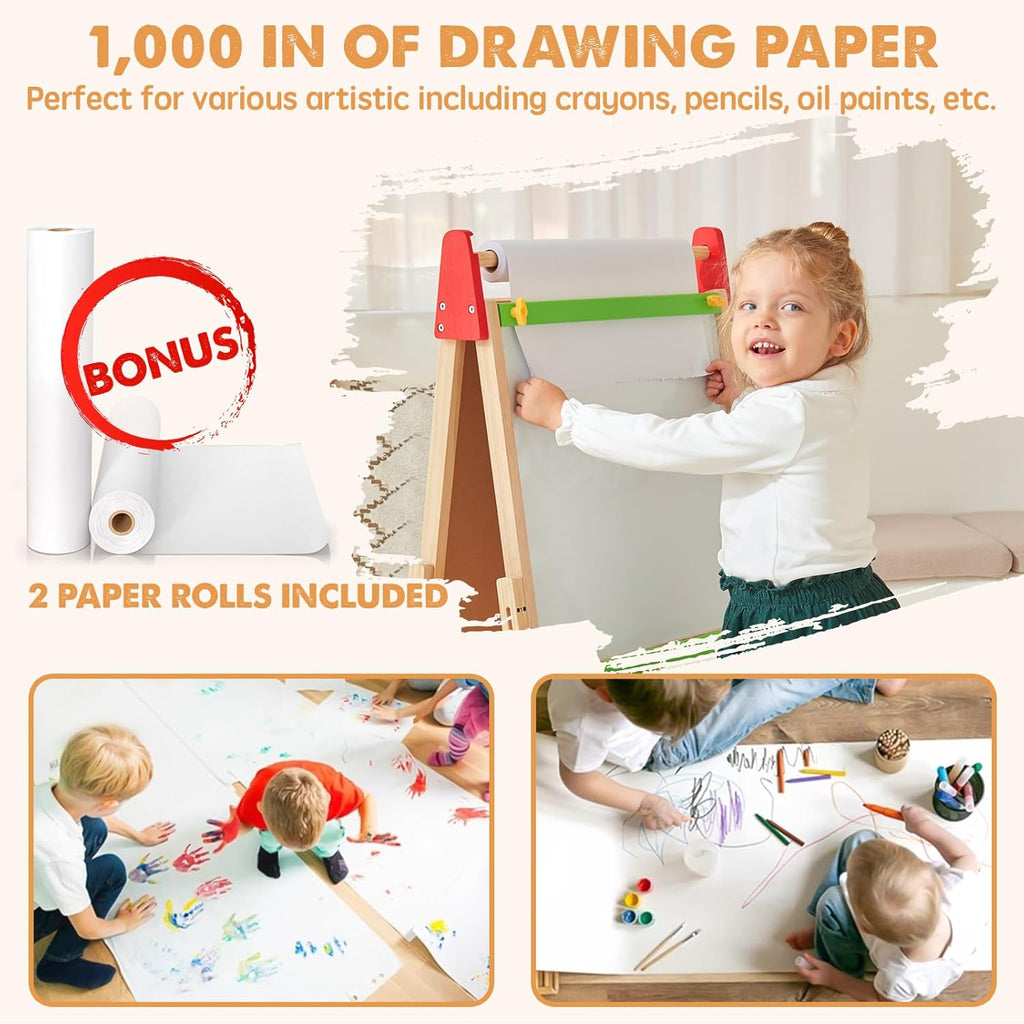 Kids art easel with included drawing paper rolls, wooden frame and green board, red panels