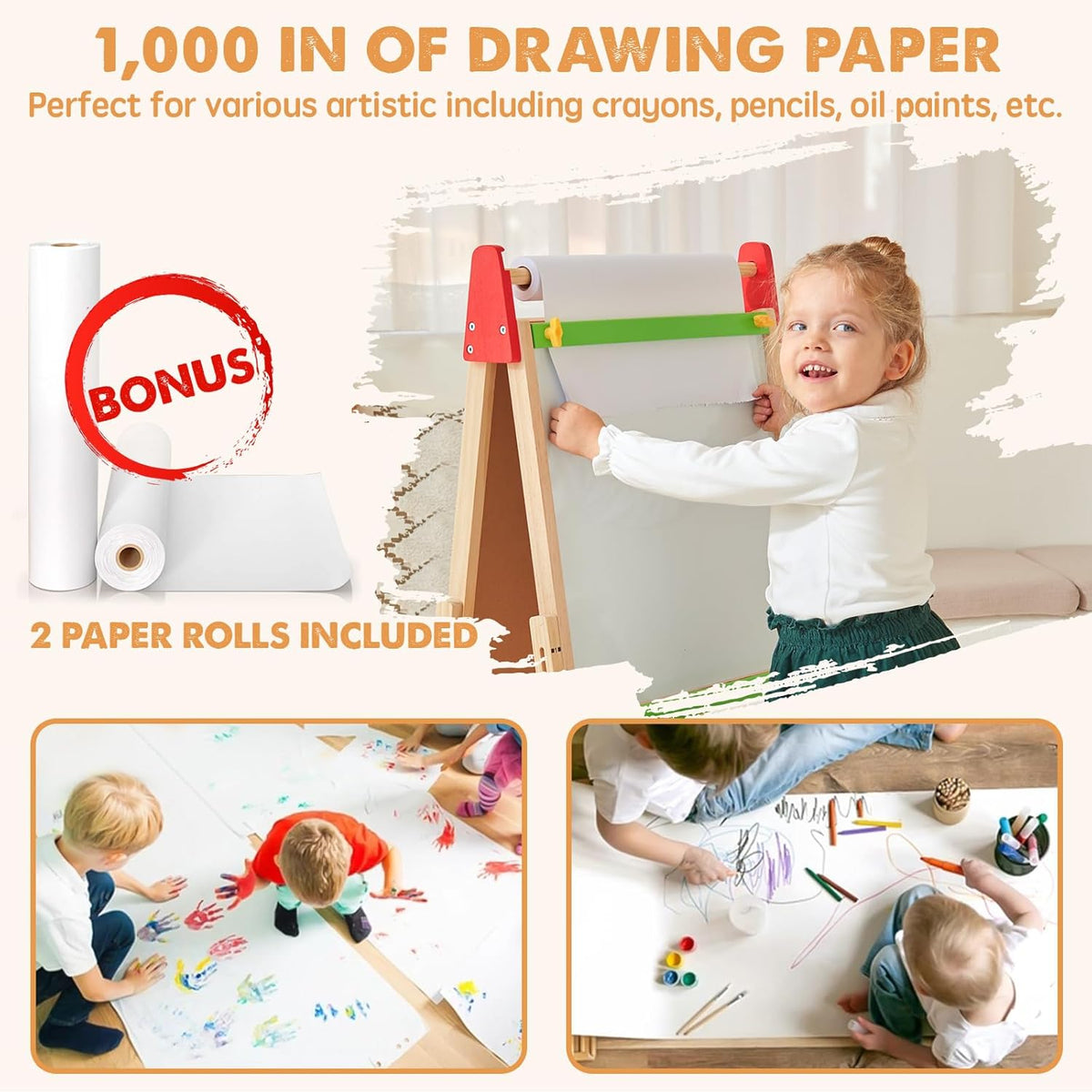 Kids art easel with included drawing paper rolls, wooden frame and green board, red panels