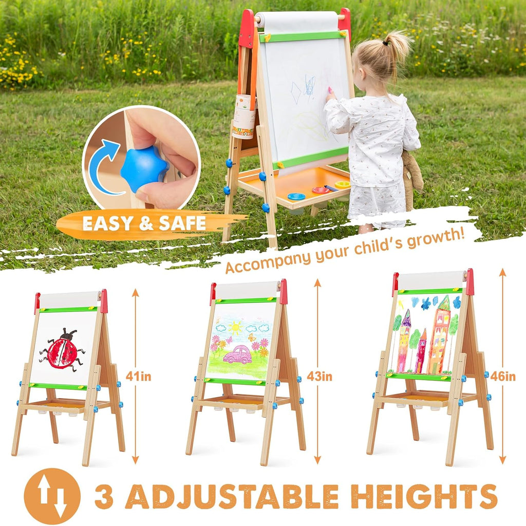 Kids art easel with green dry-erase board and tray, wooden legs, red frame