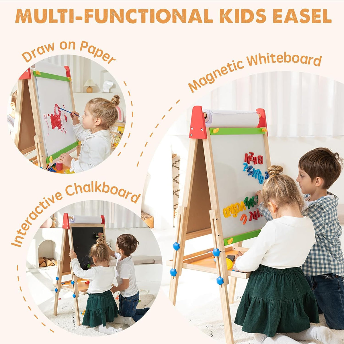 Multi-use kids art easel with chalkboard and magnetic whiteboard panels