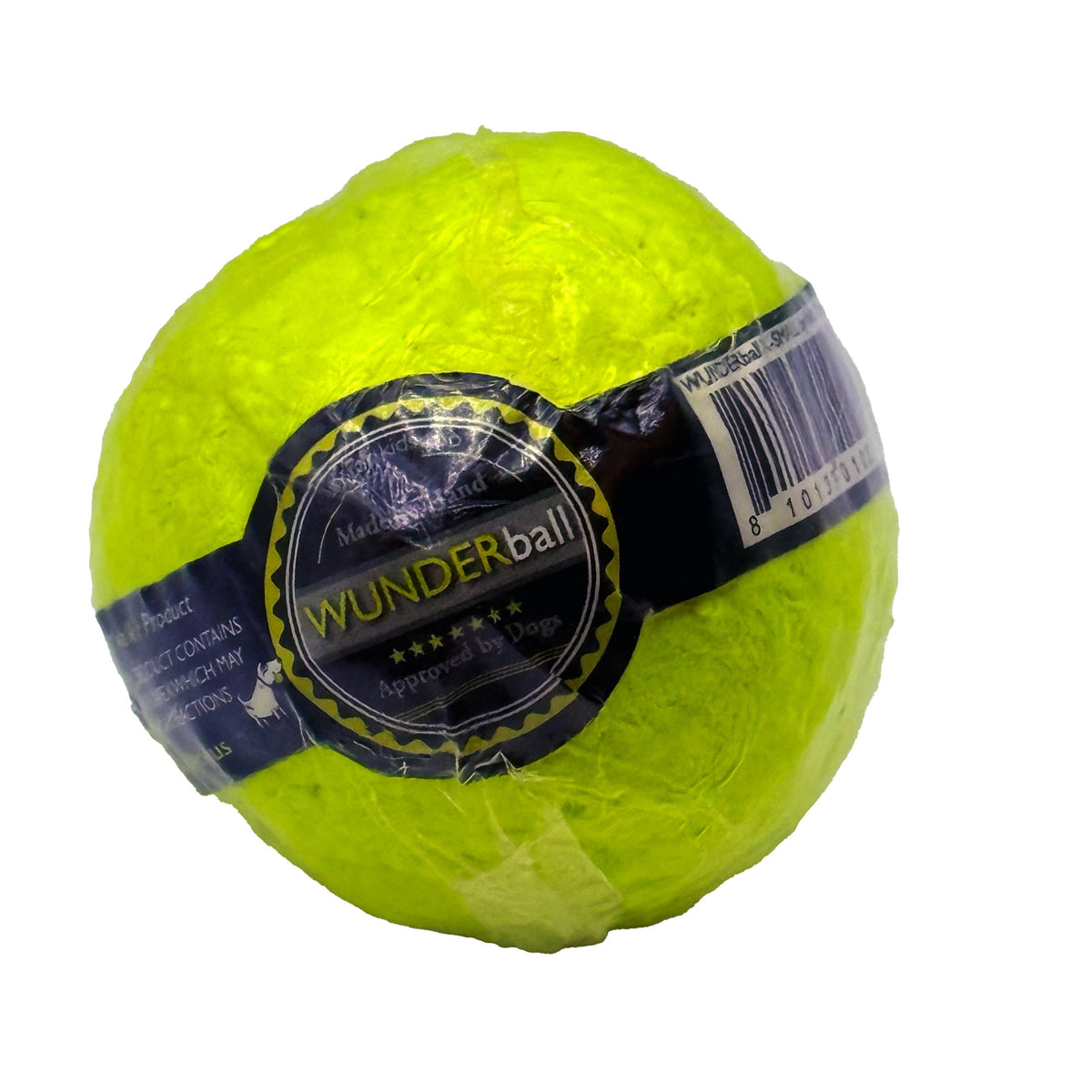 Lime green latex fetch toy ball with WUNDER logo label.