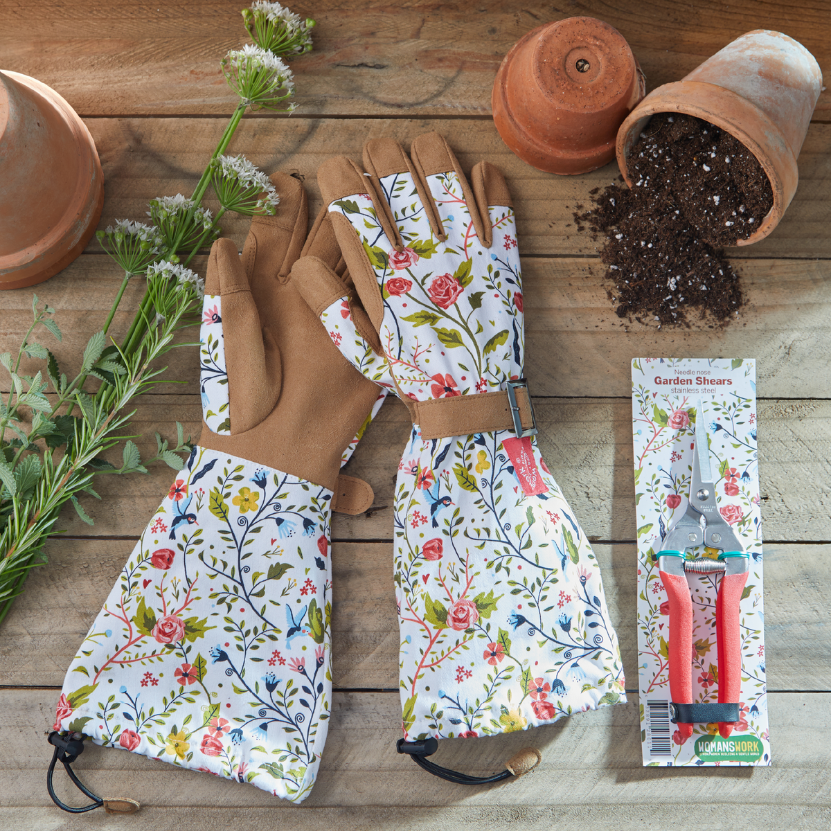 Gardening shears and floral garden gloves set, white rose-and-leaf print