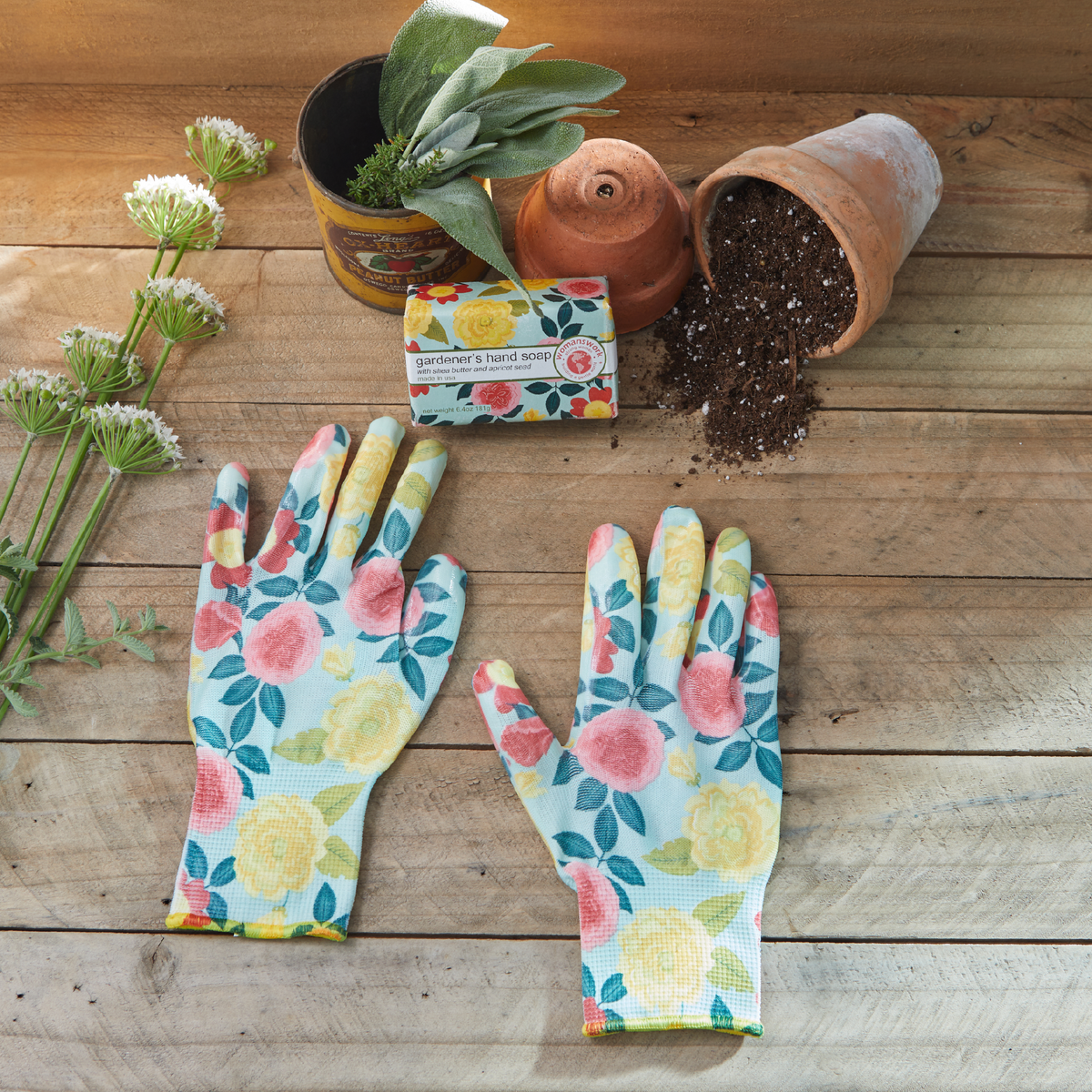 Floral gardening hand gloves and gardener's hand soap from spa gift set