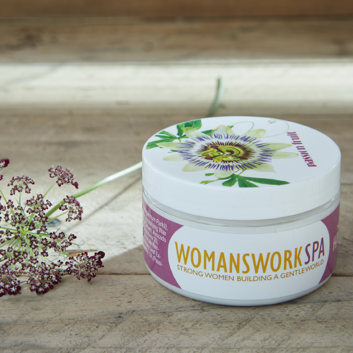 Shea butter hand cream jar with white lid and botanical label, WOMANSWORKSPA
