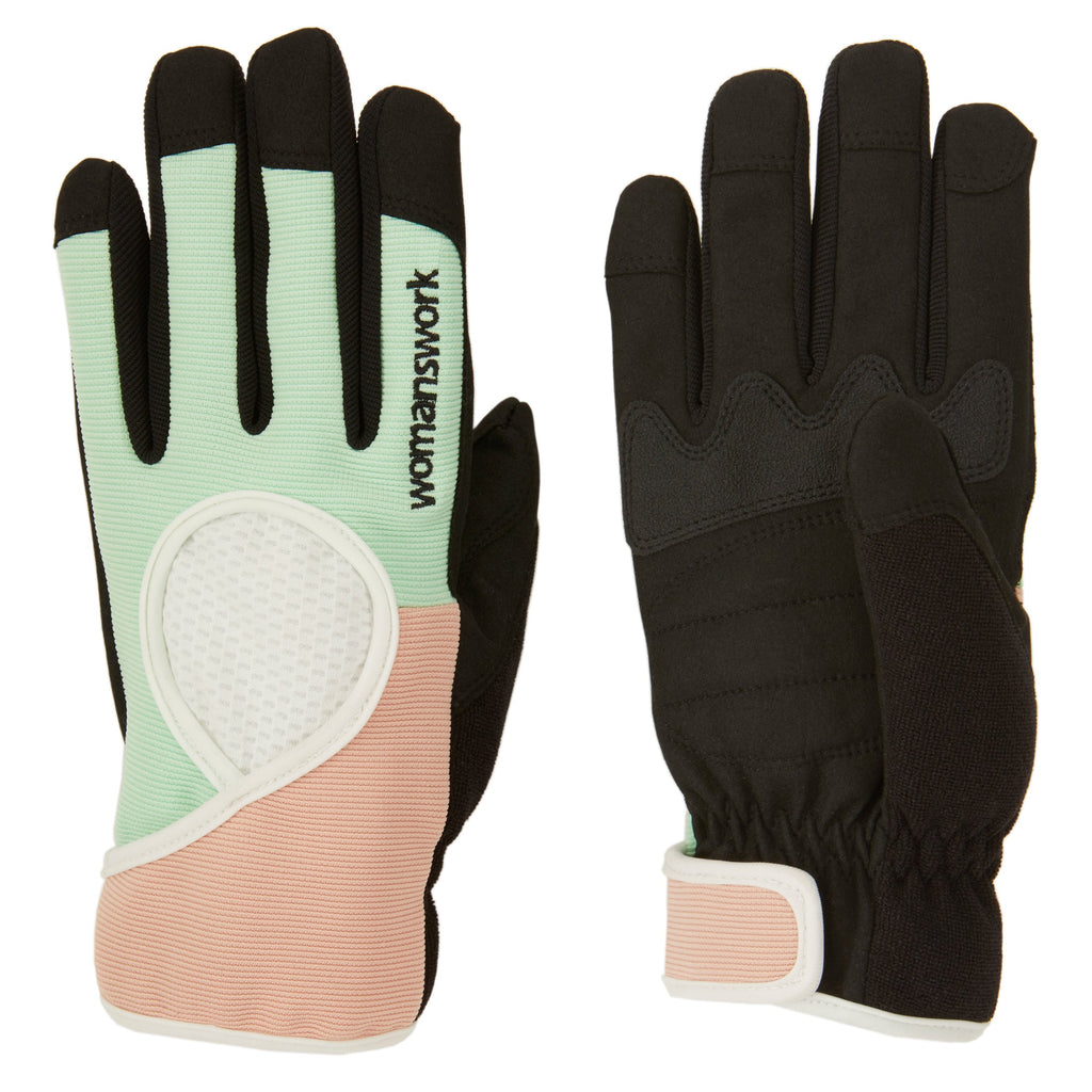 Vent-Max work gloves, mint-peach back, black palm, elastic wrist, side seam detail