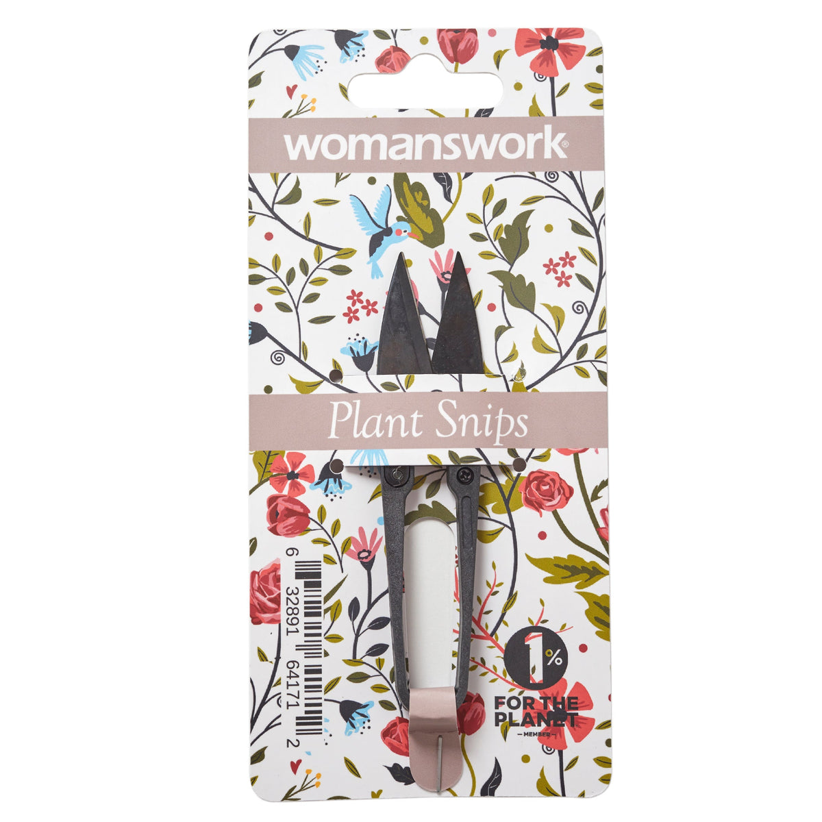 Green plant snips with metal blades on illustrated card packaging