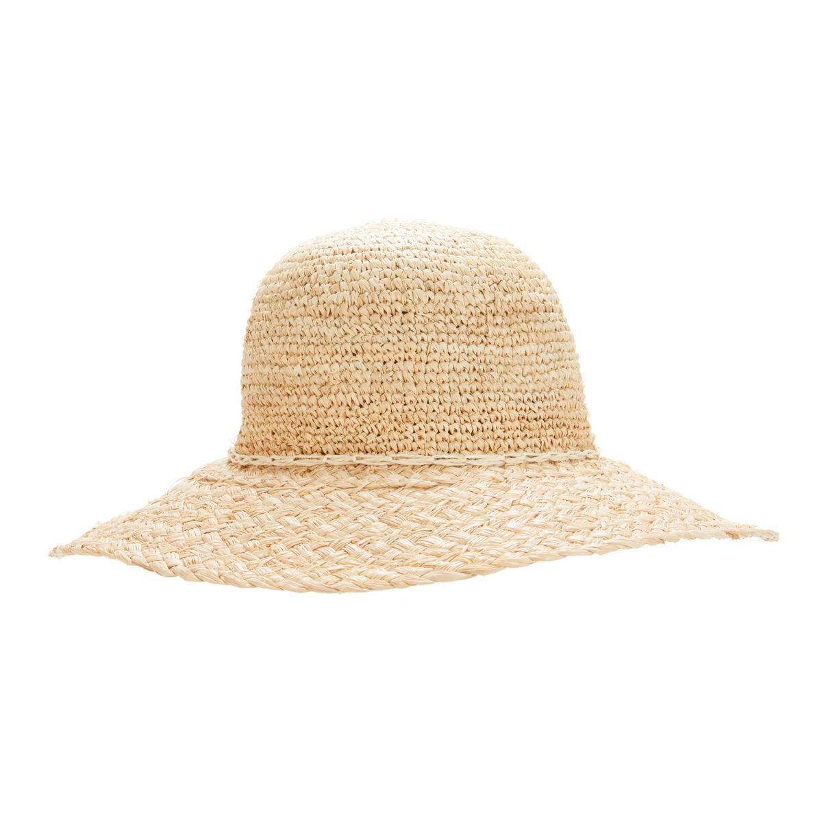 Natural straw sun hat with wide, slightly upturned brim and rounded crown