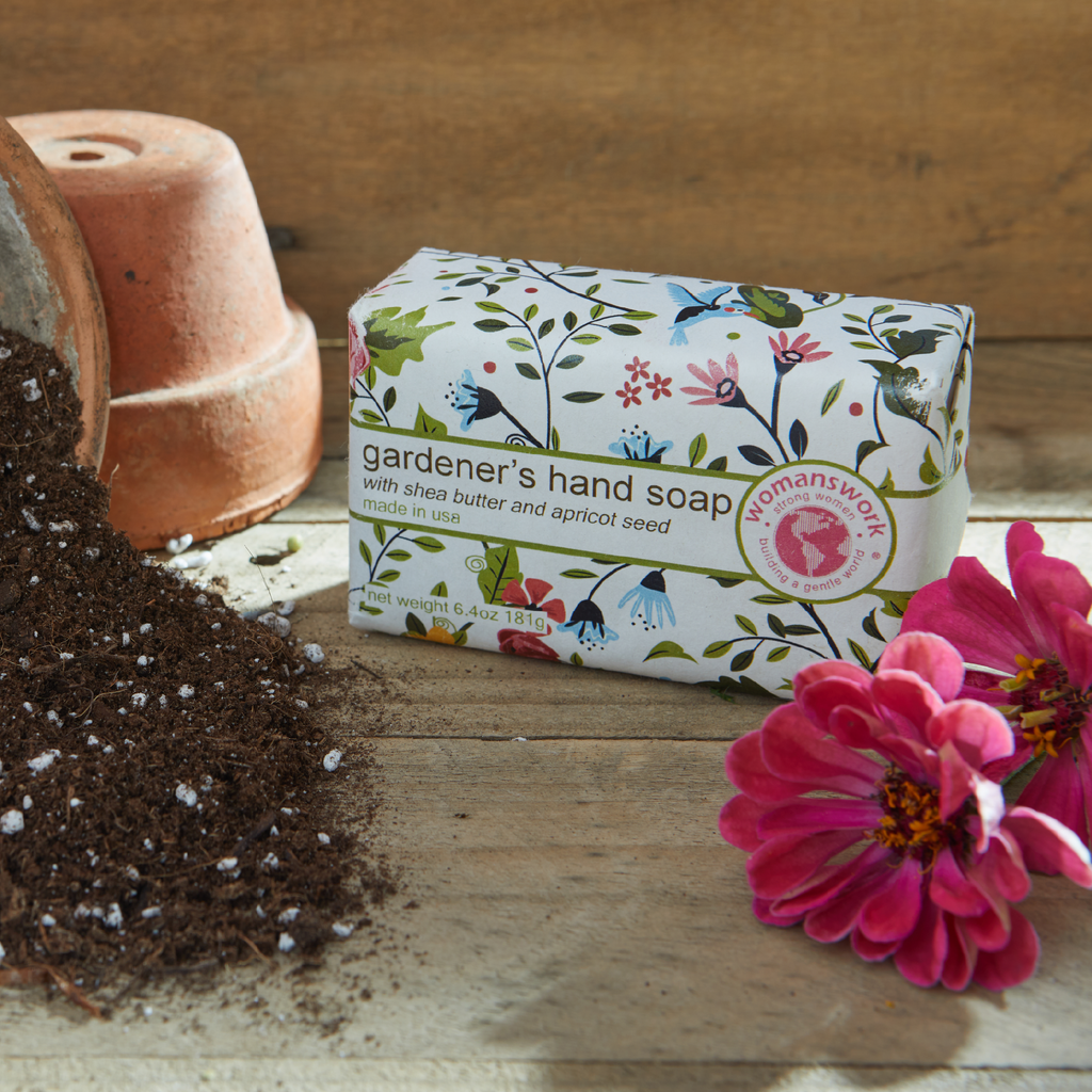 Gardener's hand soap bar in floral gift box with assorted herb and flower print
