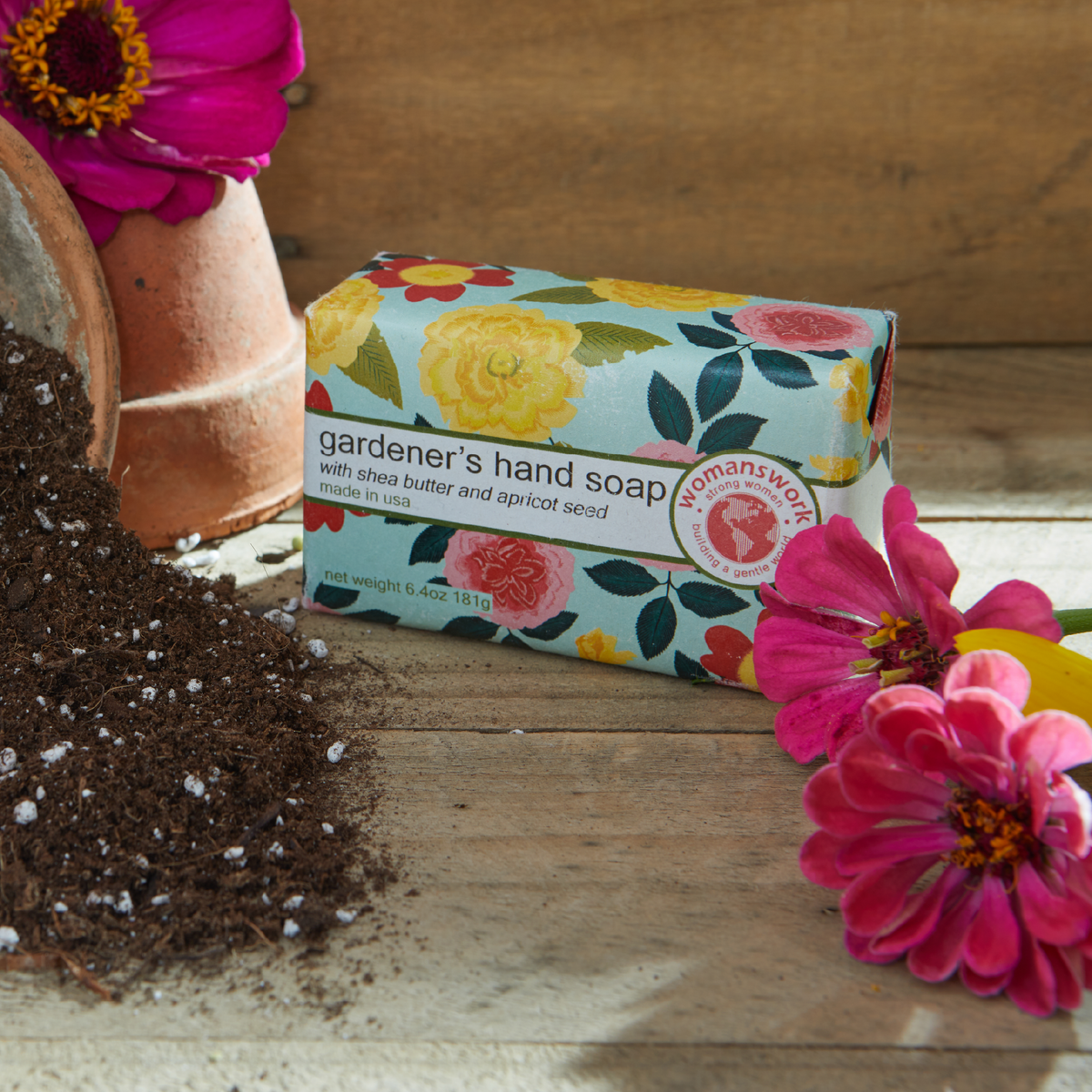 Gardener's hand soap bar in floral box with roses and garden seed label