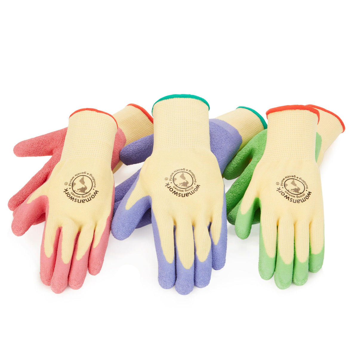 Three gardening weeder gloves in green, pink, and purple with textured palm grip