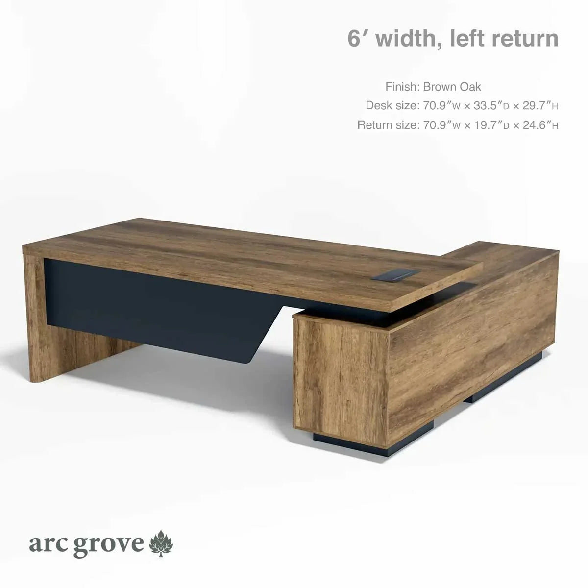 6-ft brown oak L-shaped executive desk with left return and dark side panel