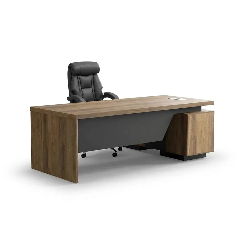 Brown oak L-shaped executive desk with built-in return and black interior panel
