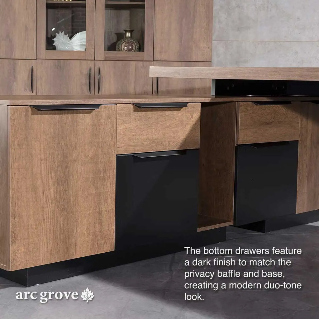 Brown oak L-shaped executive desk with open drawers and dark privacy panel