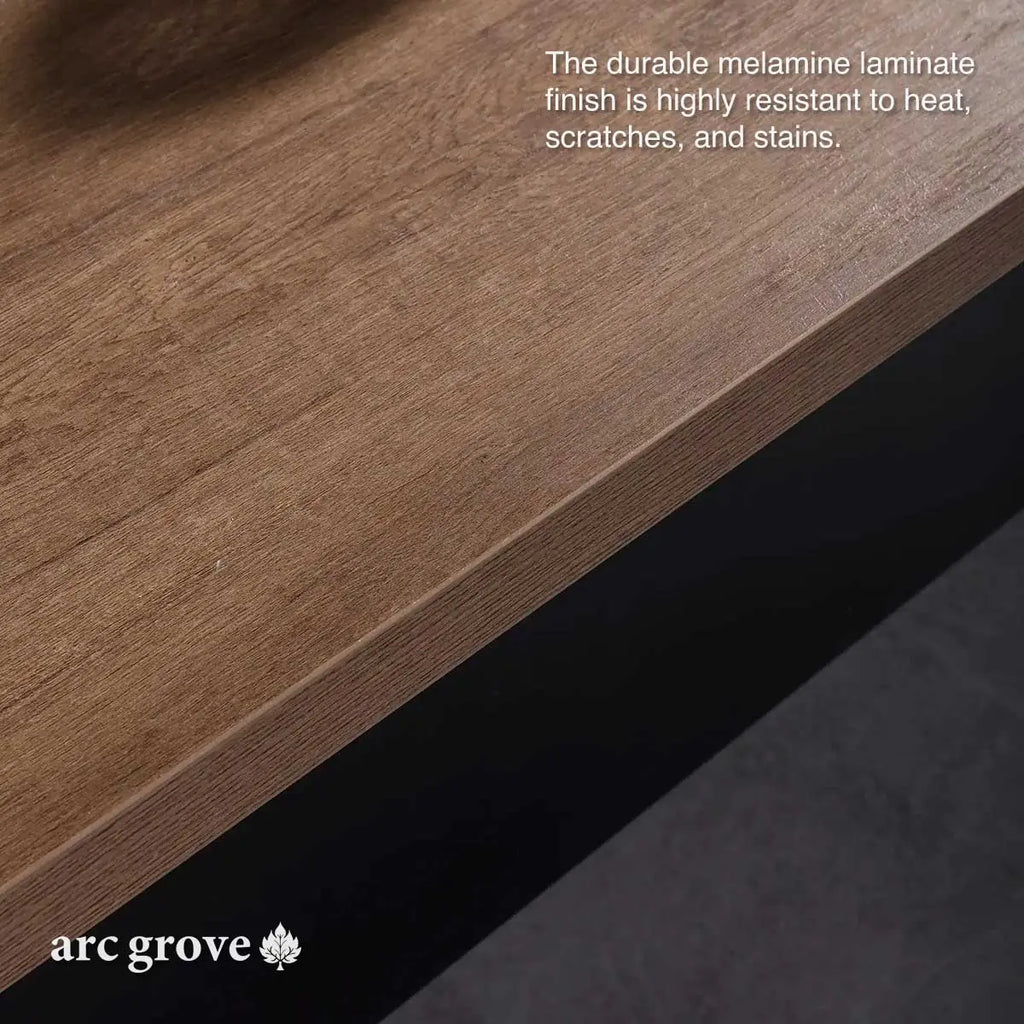Brown oak desk tabletop edge with durable laminate finish and dark under-shelf