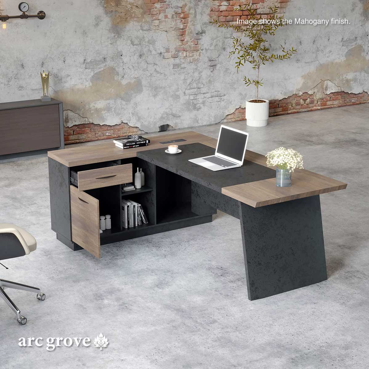 L-shaped executive desk with wood-look tops, dark drawers, and side cabinets