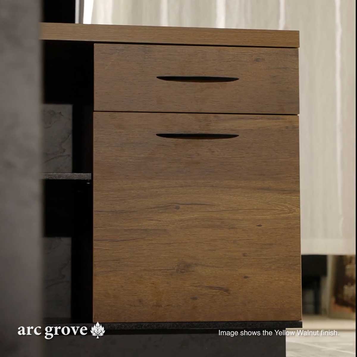 Wood-look desk drawer fronts with black pull slots and stacked cabinetry