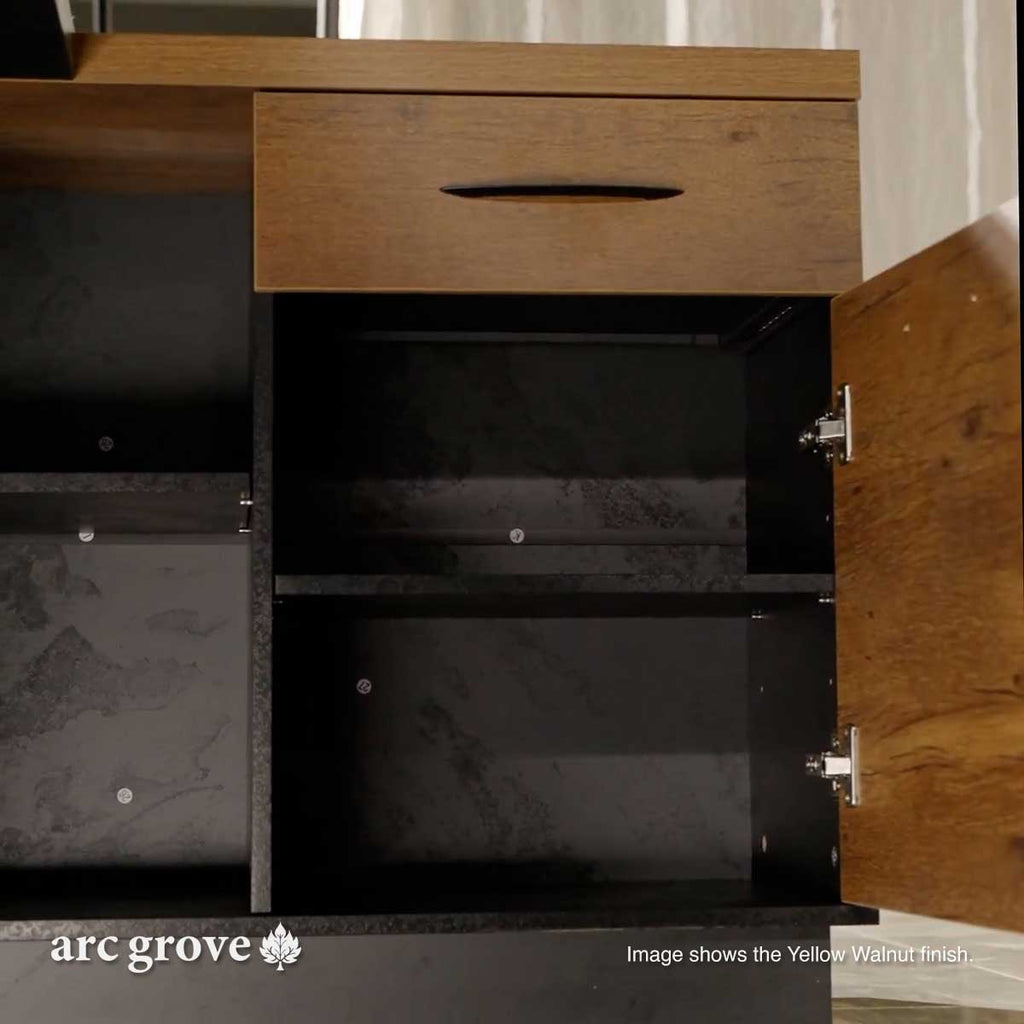 Open desk storage area with drawer slides and wood-look panels