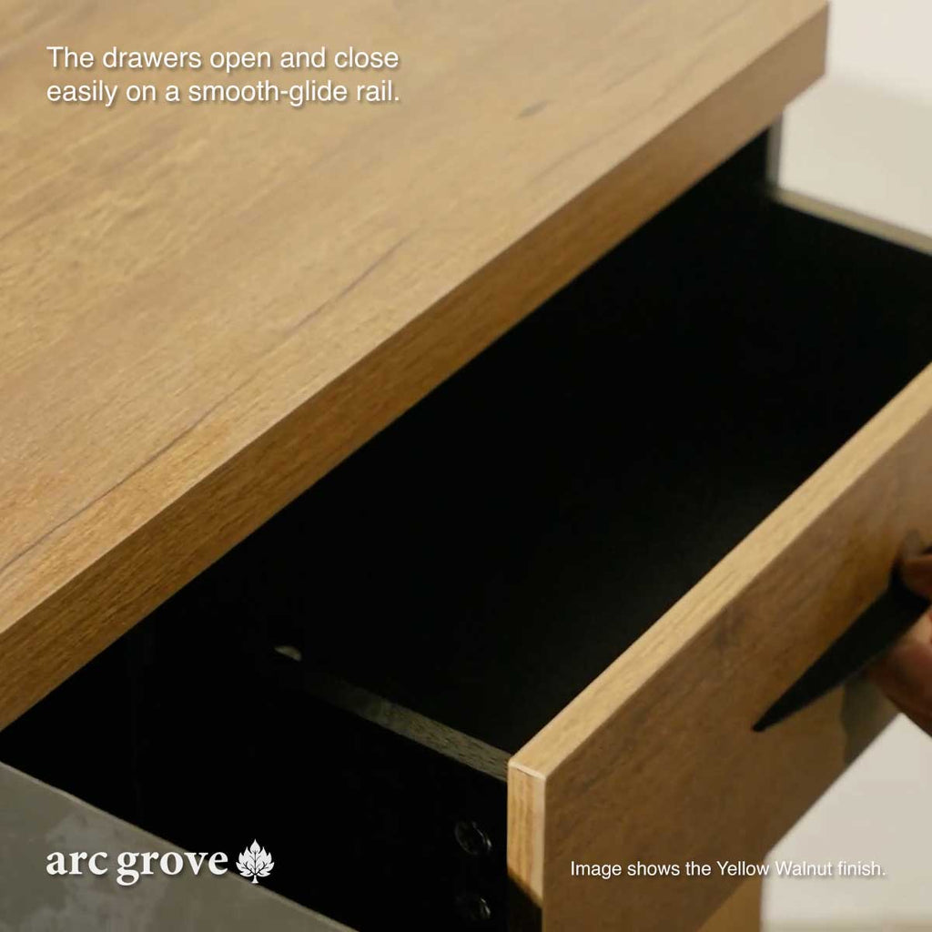 Open drawer compartment in wood-look desk with smooth inner rail track