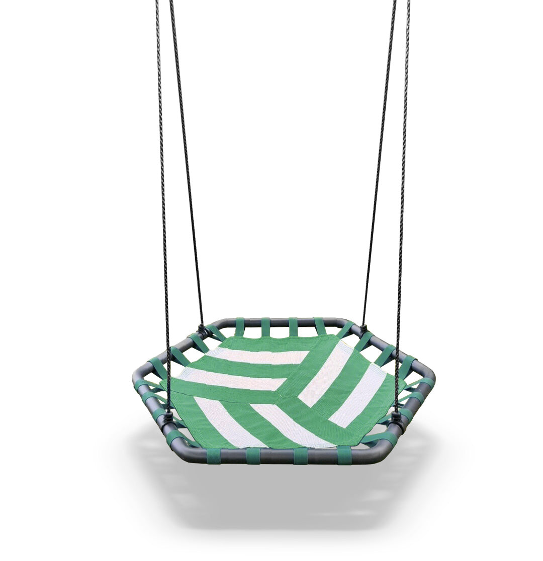 Green-and-white striped rope swing seat with hanging ropes, round corner straps