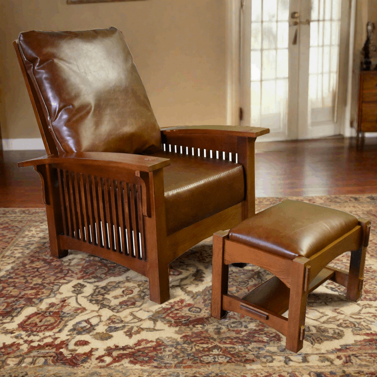Brown leather-look arm chair with slatted panels and matching ottoman stool