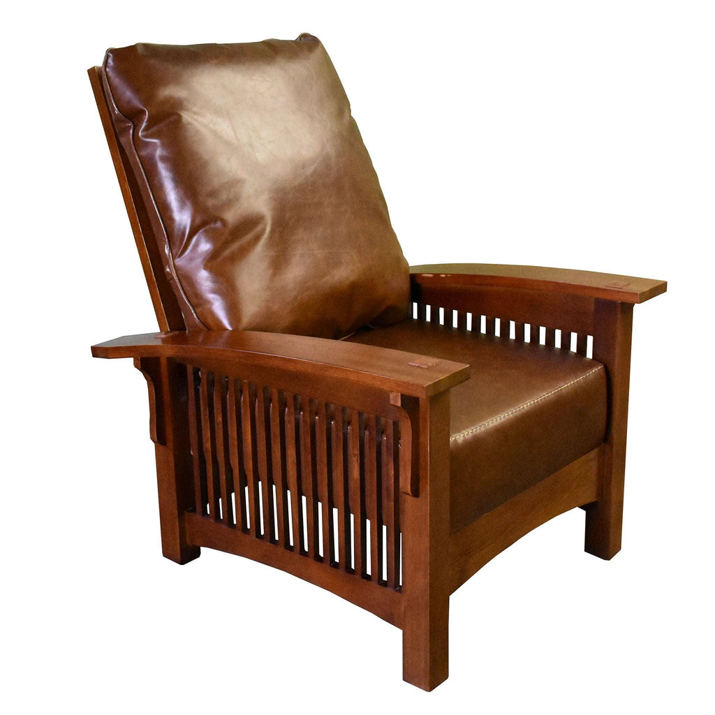 Brown leather-look arm chair with slatted front panel and wide wooden arms