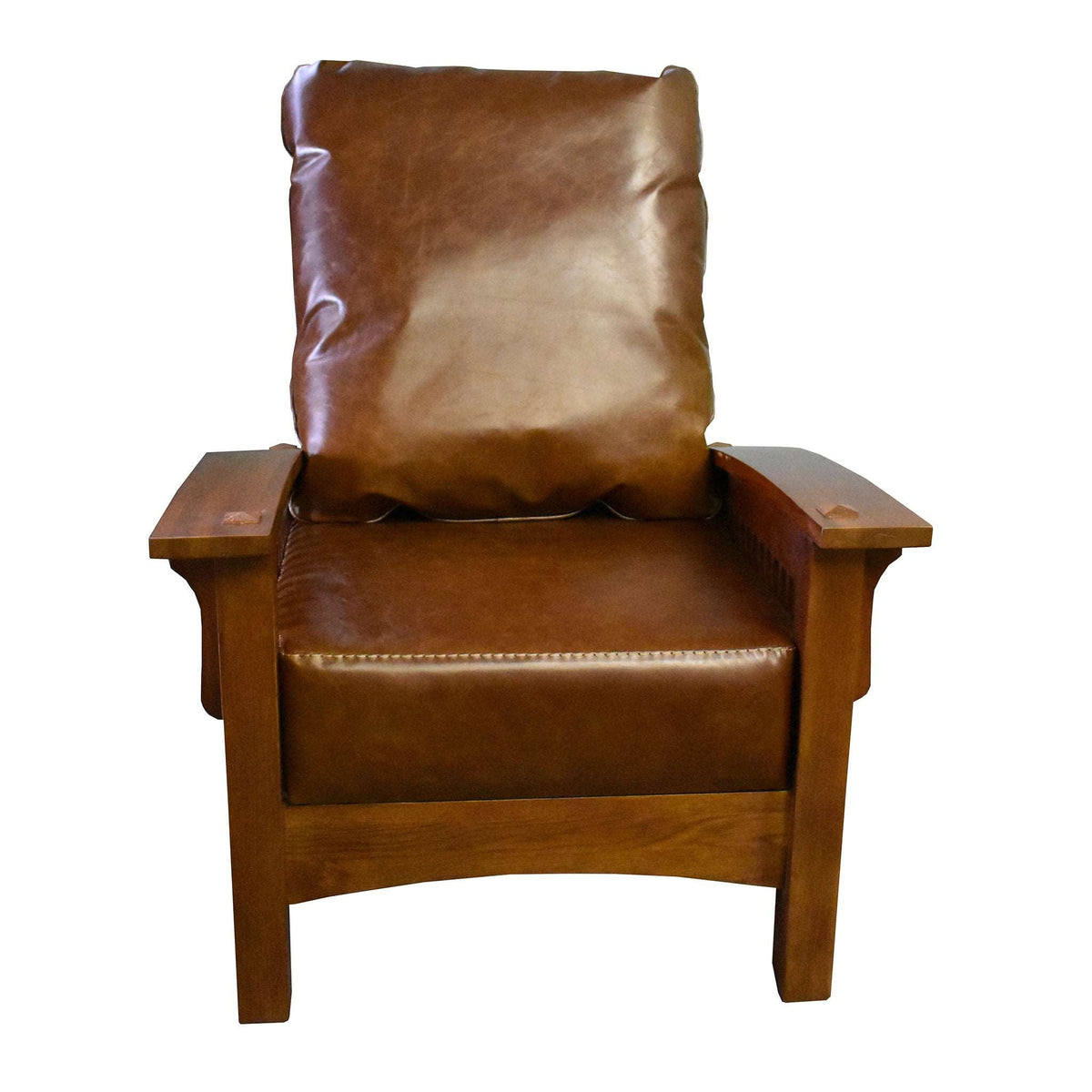 Chestnut arm chair with brown leather-look seat and square back cushion