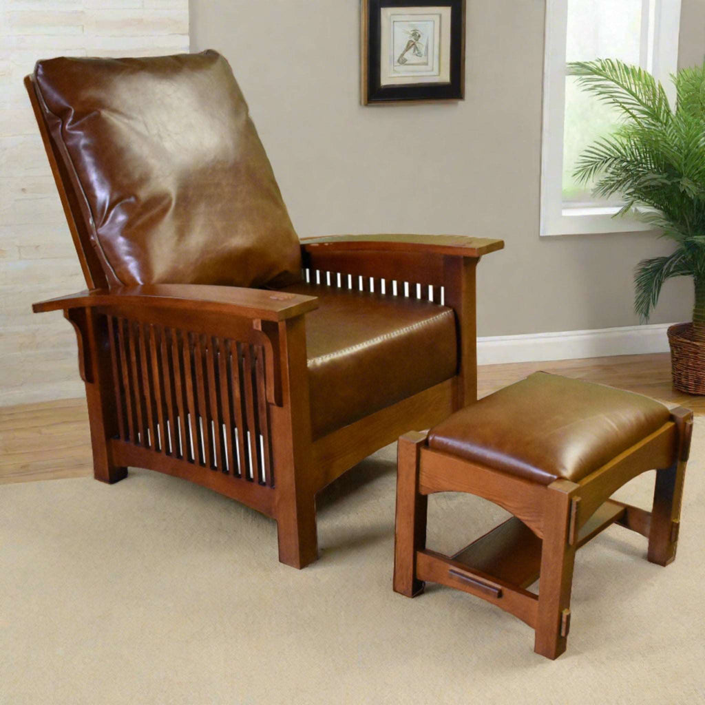 Brown leather-look arm chair with slatted sides and matching ottoman stool