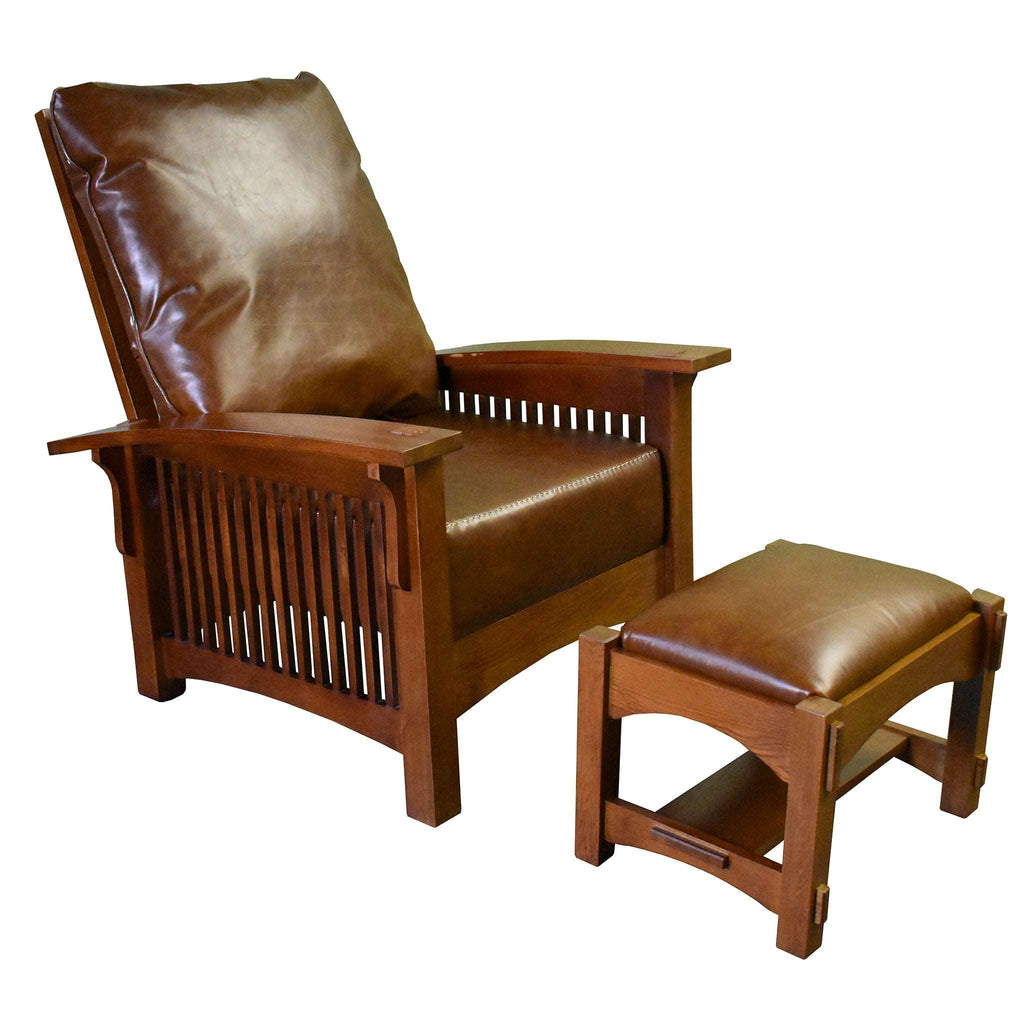 Chestnut leather armchair with matching leather ottoman stool, spindle accents