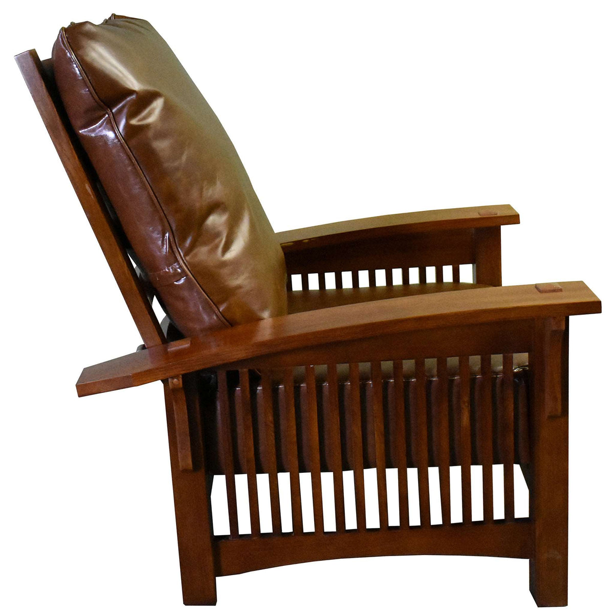 Brown leather-look Morris-style arm chair with slatted back and armrests