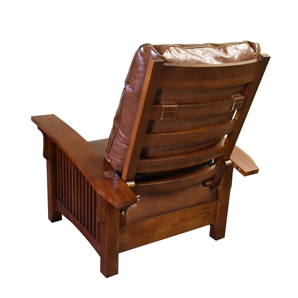 Brown leather-look arm chair with slatted back and chestnut wood frame