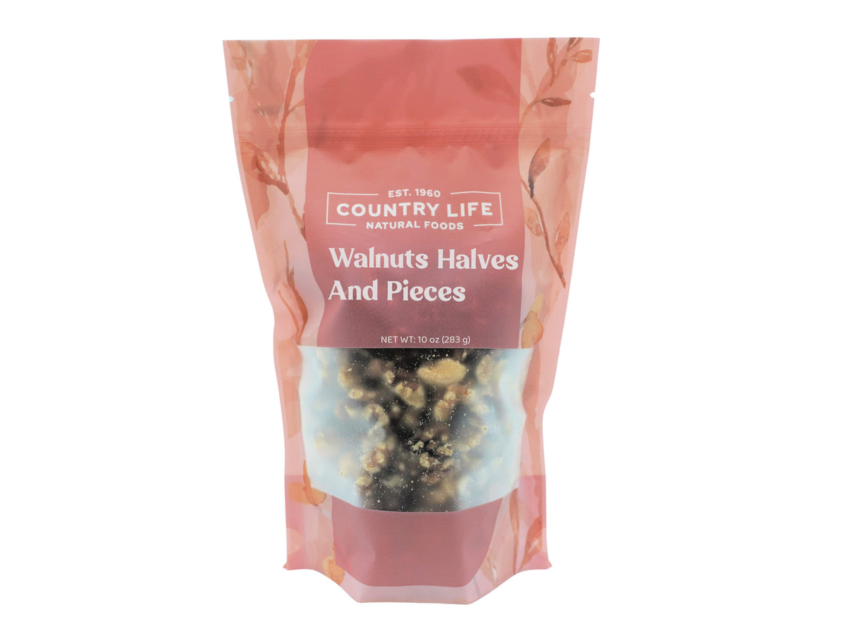 Country Life walnuts halves and pieces in a stand-up resealable bag