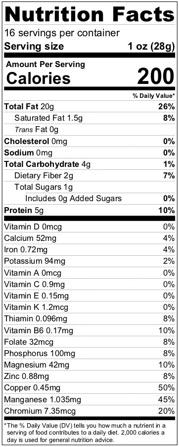 Nutrition facts panel showing calories and nutrient amounts per serving