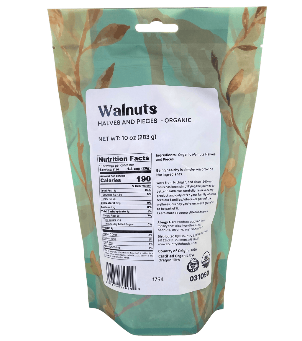 Country Life walnuts organic package back with nutrition facts and ingredients