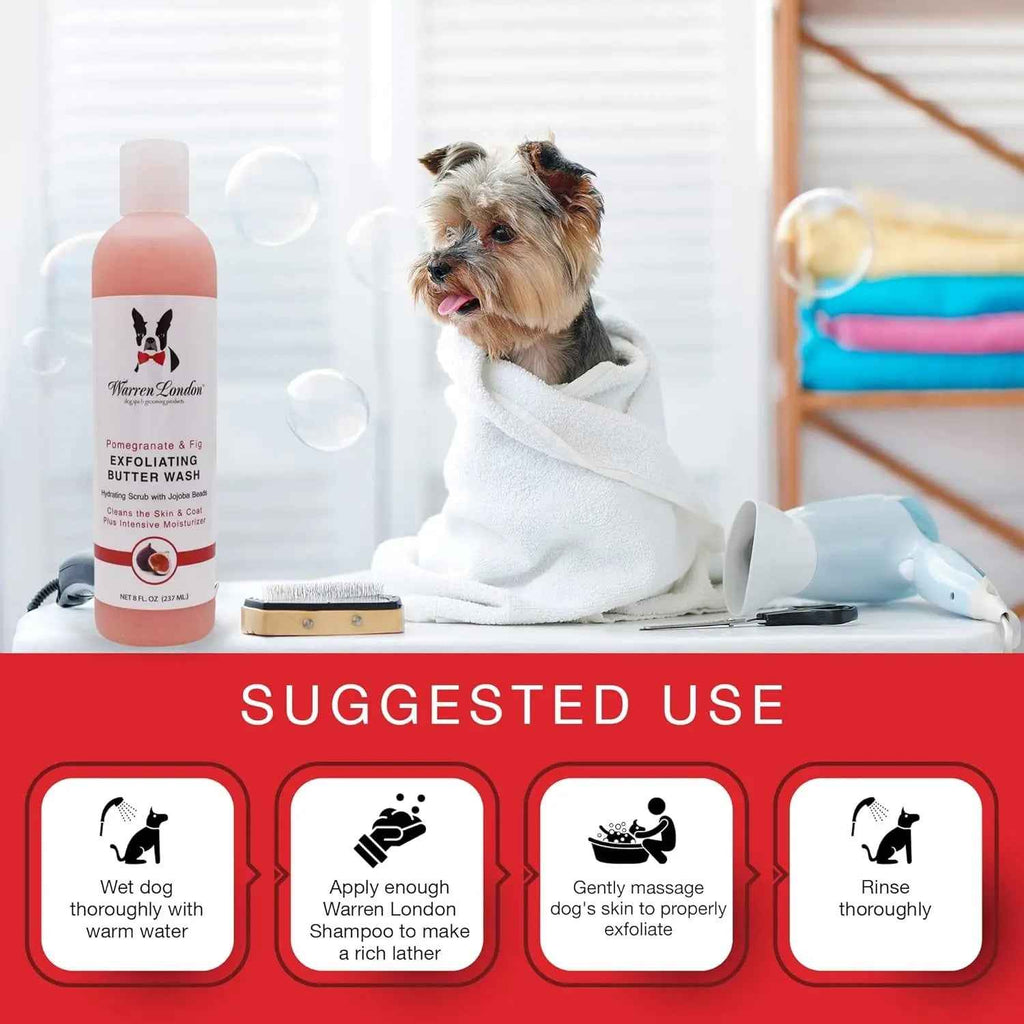 Warren London exfoliating butter wash bottle beside a dog wrapped in a towel