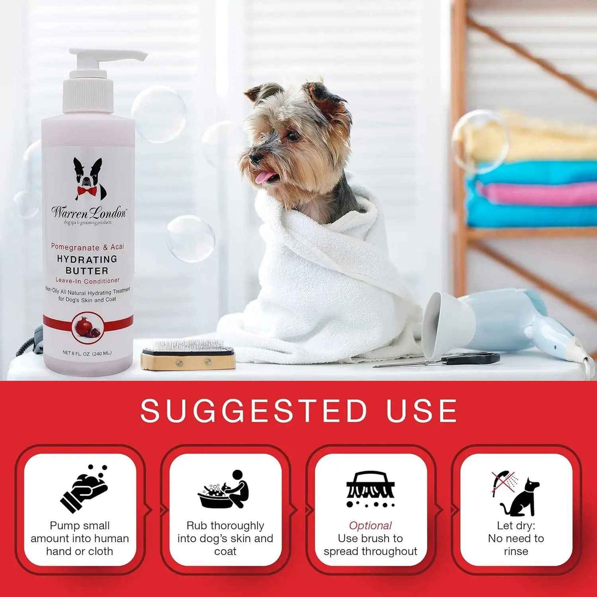 Warren London hydrating leave-in butter conditioner bottle beside a dog wrapped in a towel