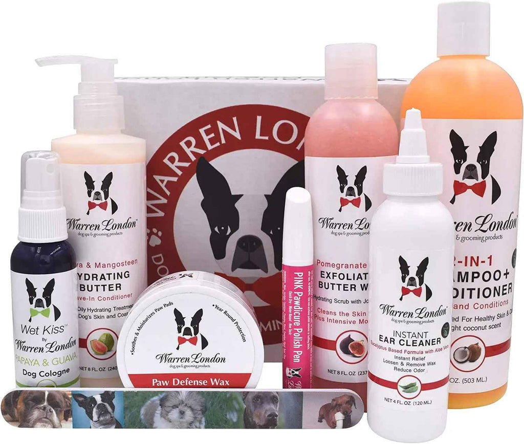 Warren London dog grooming kit with shampoos, conditioner, ear cleaner, paw balm and nail polish