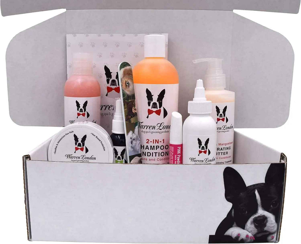 Warren London dog grooming kit arranged inside an open gift box