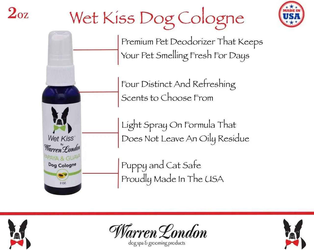 Warren London Wet Kiss dog cologne in a dark blue spray bottle