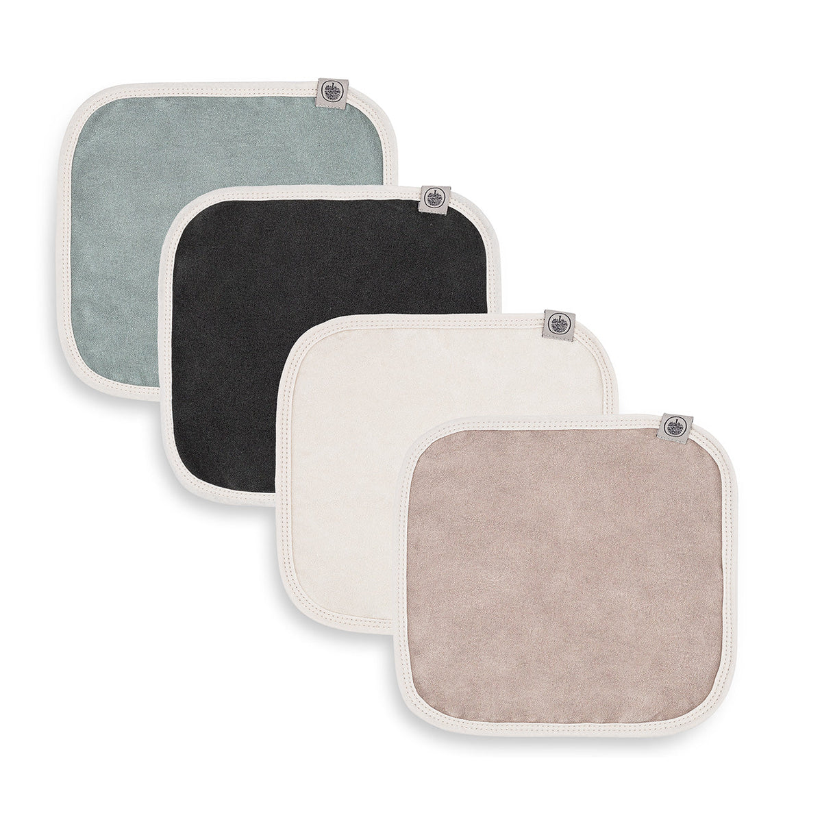 Four baby terry washcloths with rounded corners in light blue, black, cream, and taupe