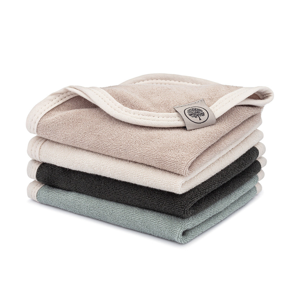 Baby terry washcloths, 4-pack stack in beige, light blue, charcoal, and gray