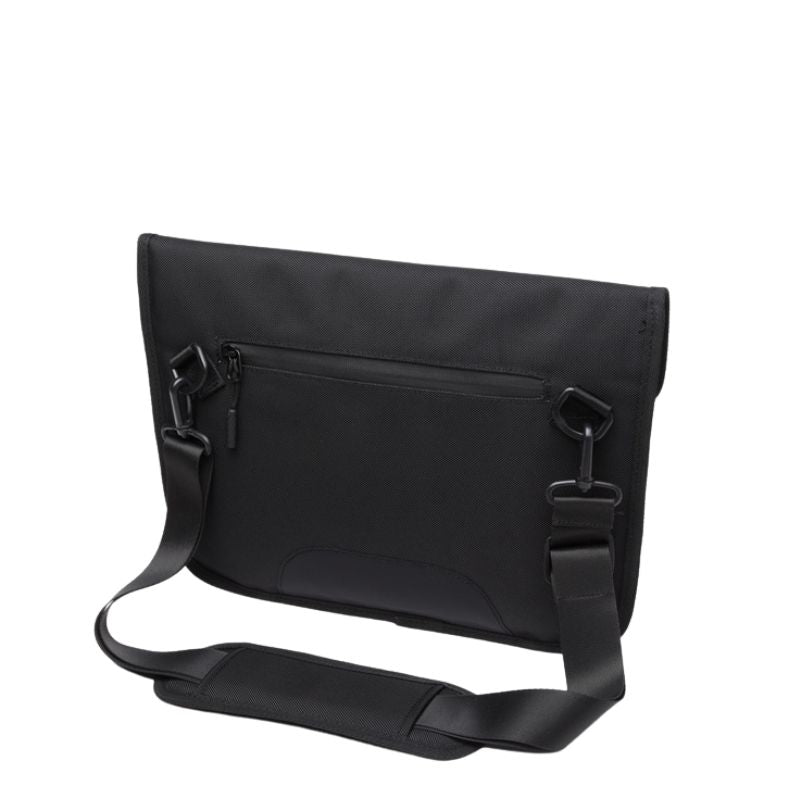 Black waterproof messenger bag, side view with adjustable crossbody strap