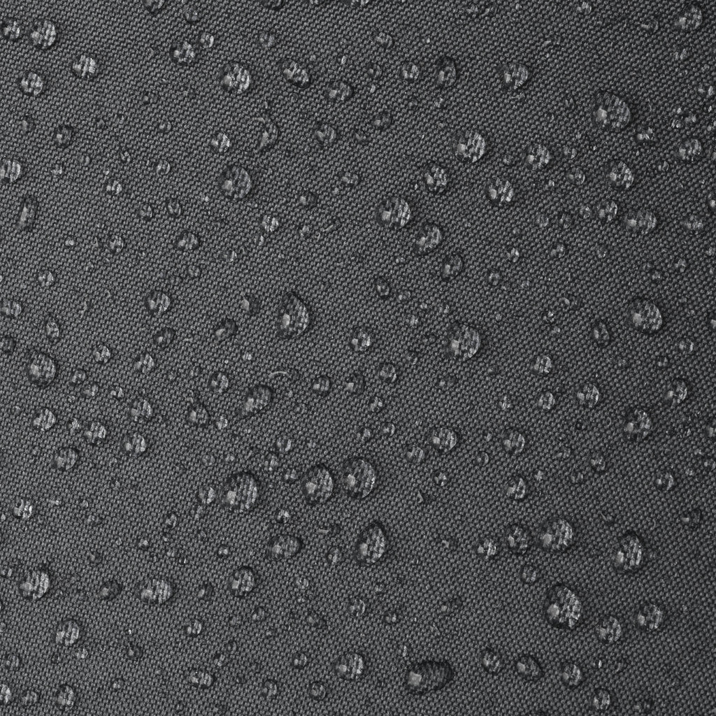Close-up of dark waterproof fabric texture with water droplets