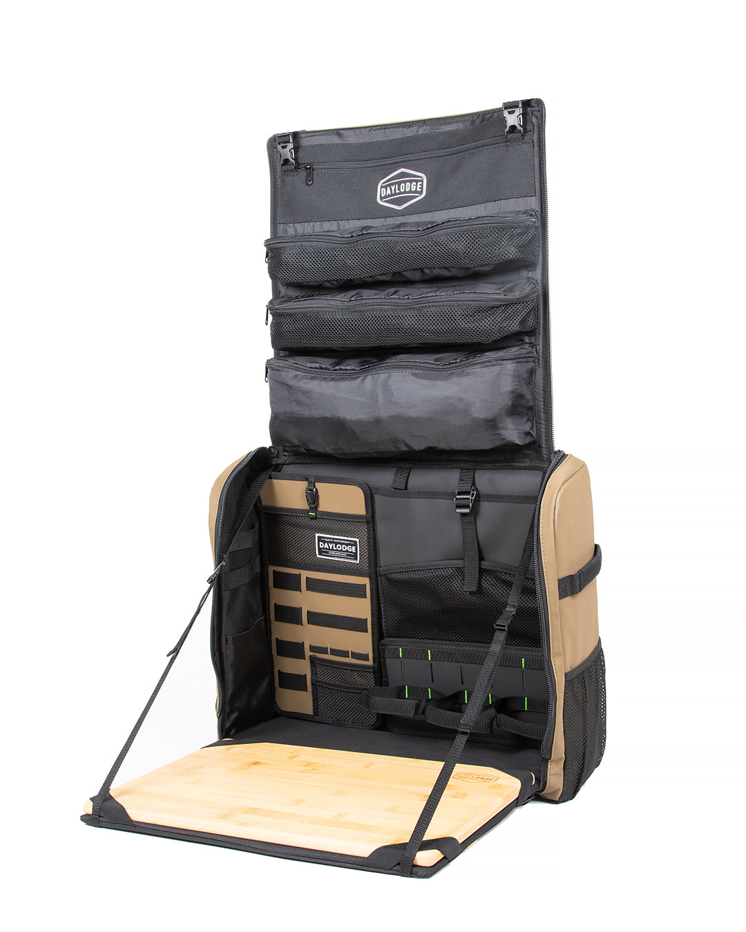 Mobile camp kitchen storage bag with bamboo cutting board, open front pockets