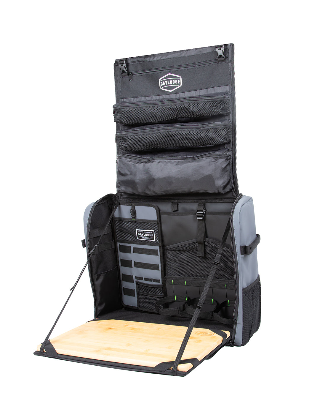 Black mobile camp kitchen bag with fold-out wooden table and front organizer pockets