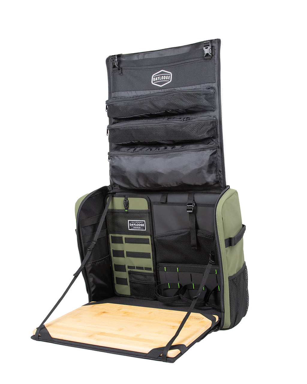 Gray and black camp kitchen table bag open with sage side panels and bamboo cutting board